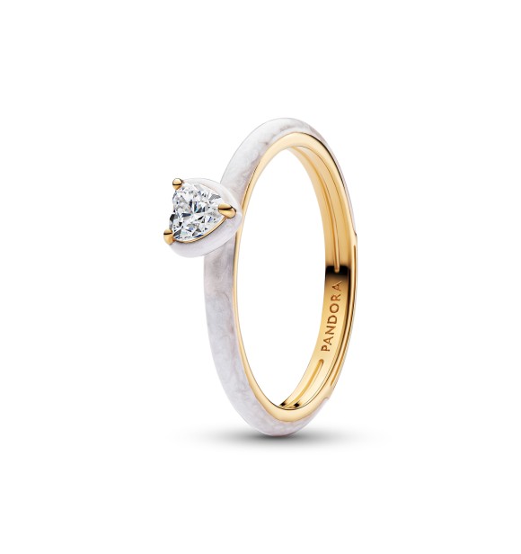 163088C01-54 Heart 14k gold-plated ring with clear cubic zirconia and shimmering white enamel