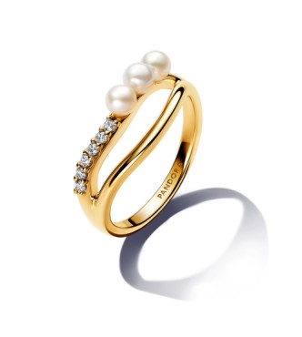 163258C01-50 14k Gold-plated ring with white treated freshwater cultured pearl and clear cubic zirconia