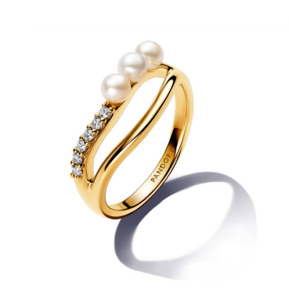 163258C01-50 14k Gold-plated ring with white treated freshwater cultured pearl and clear cubic zirconia