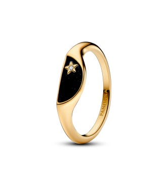 163325C01-58 Halved signet 14k gold-plated ring with clear cubic zirconia and glittery black enamel