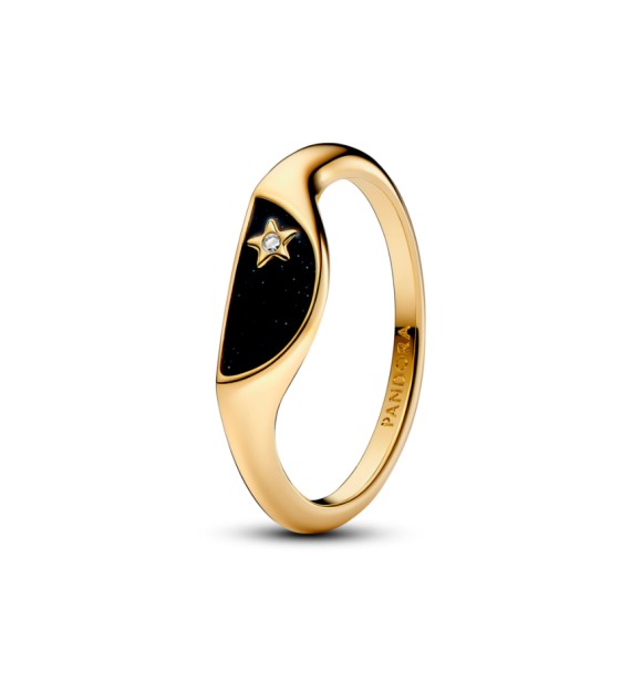 163325C01-56 Halved signet 14k gold-plated ring with clear cubic zirconia and glittery black enamel