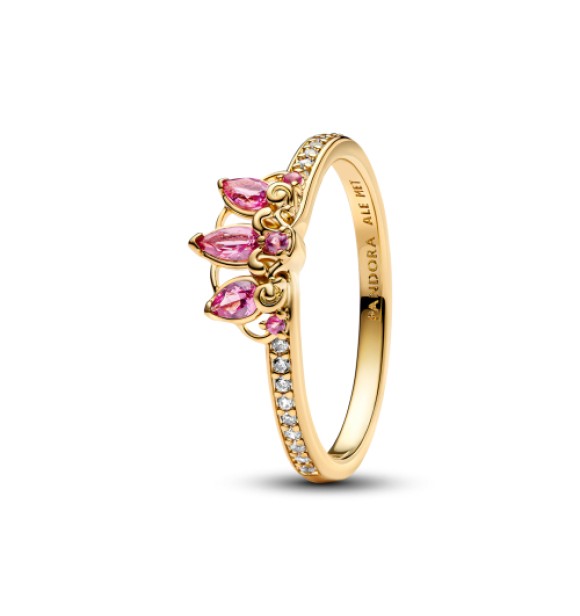 163651C01-60 Disney Rapunzel 14k gold-plated tiara ring with phlox pink crystal and clear cubic zirconia