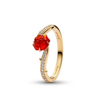 163984C01-48 Disney Beauty and The Beast Rose 14k gold-plated ring with clear cubic zirconia and red Murano glass