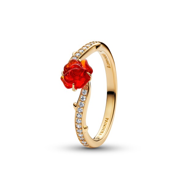 163984C01-56 Disney Beauty and The Beast Rose 14k gold-plated ring with clear cubic zirconia and red Murano glass