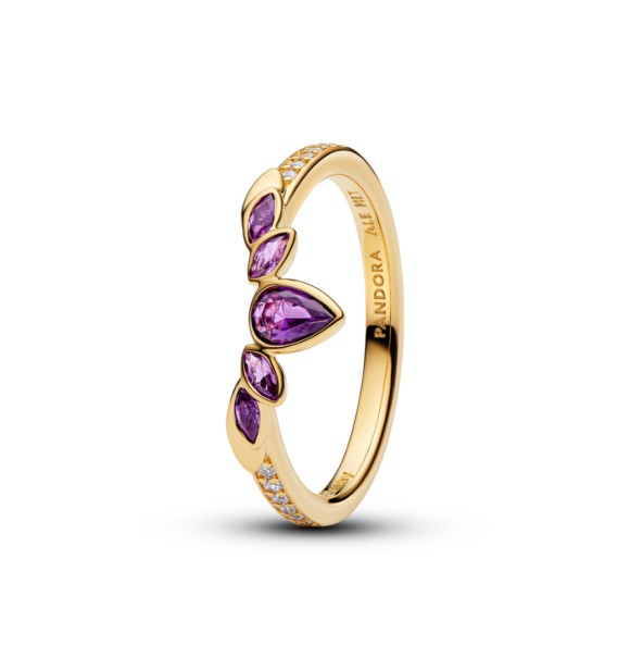 PANDORA 164135C01 Anillo de Anna de Frozen de Disney bañado en oro de 14 k con cristal violeta y circonita cúbica transparente.