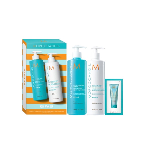 Specially sized moisture-balancing Shampoo & Conditioner infused with argan oil and featuring the Moroccanoil signature scent. This duo includes Moisture Repair Shampoo (500ml) to gently cleanse,
 Moisture Repair Conditioner (500ml) to detangle and nouri