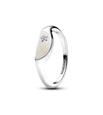 193325C01-60 Halved signet sterling silver ring with clear cubic zirconia and shimmering white enamel