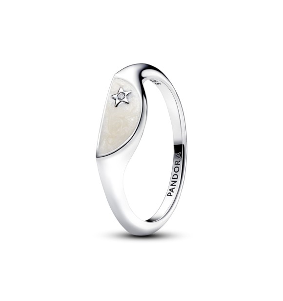 193325C01-60 Halved signet sterling silver ring with clear cubic zirconia and shimmering white enamel