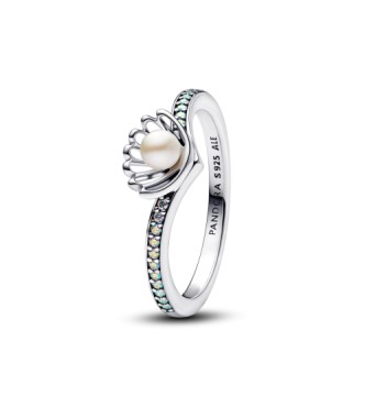 193654C01-60 Disney Ariel sterling silver ring with treated white freshwater cultured pearl and aurora borealis clear cubic zirconia