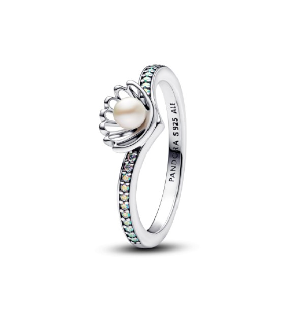 193654C01-60 Disney Ariel sterling silver ring with treated white freshwater cultured pearl and aurora borealis clear cubic zirconia