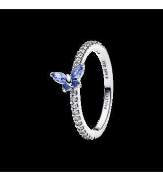 PANDORA 194269C01 Anillo de plata de ley con forma de mariposa,
 cristal azul aciano y circonita cúbica transparente.