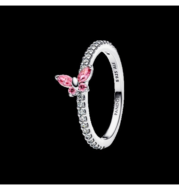 PANDORA 194269C02 Anillo de plata de ley con forma de mariposa y circonitas cúbicas rosas y transparentes.