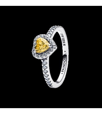 PANDORA 198421C06 Anillo de plata de ley con forma de corazón y circonitas cúbicas amarillas y transparentes vibrantes.