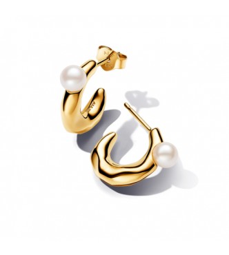 PANDORA 263261C01 Aretes tipo argolla bañados en oro de 14 k con perla cultivada de agua dulce tratada en color blanco