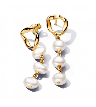 PANDORA 263263C01 Aretes colgantes chapados en oro de 14 k con perla cultivada de agua dulce tratada en color blanco barroco