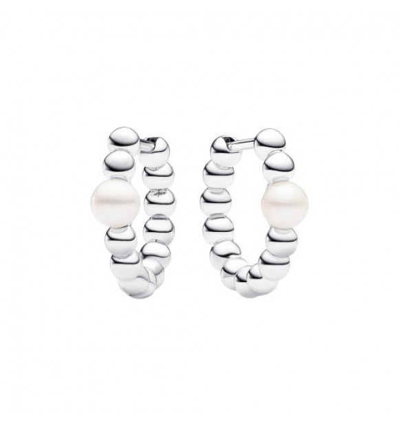 PANDORA 293178C01 Pendientes de aro de plata de ley con cuentas y perlas cultivadas de agua dulce tratadas en color blanco