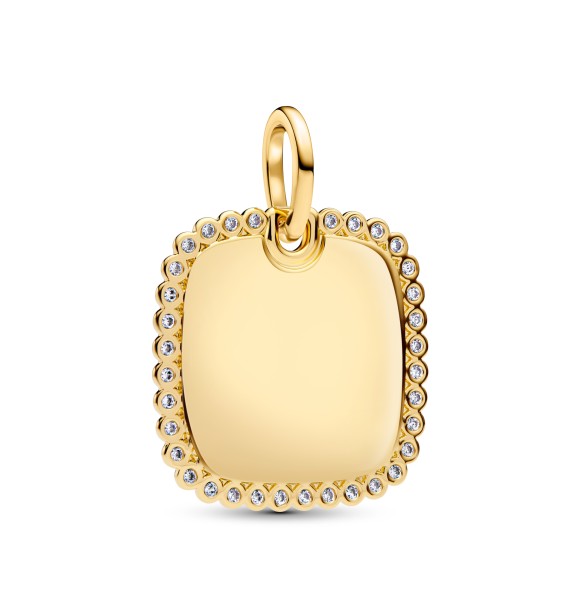 PANDORA Engravable square 14k gold-plated pendant with clear cubic zirconia