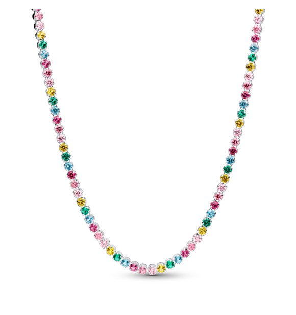 394648C01-40 Sterling silver necklace with yellow,
 blue, phlox pink, green crystal, pink, clear and fancy pink cubic zirconia
