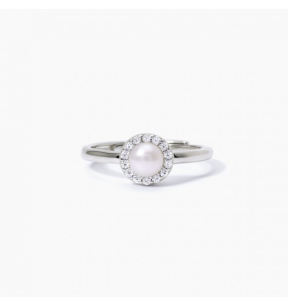 Anillo de plata 925 con perla botón cultivada 4,5-5 mm y circonitas blancas 1,
25 mm, talla regulable de 9 a 17