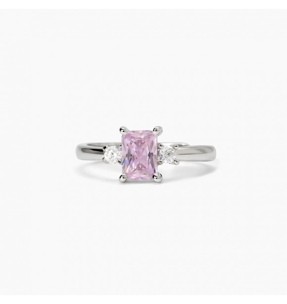 Anillo de plata 925 rodiada con circonitas talla princesa rosas 5x7 mm y blancas 2,
5 mm, talla regulable del 11 al 19