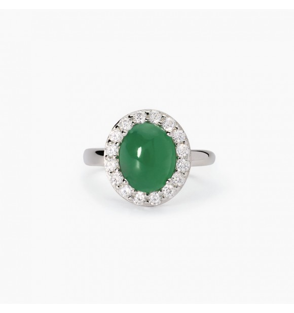 Anillo de plata 925 rodiada con ágata verde talla cabujón 8x10 mm y circonitas 2,
2 mm, tamaño regulable del 11 al 19