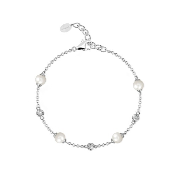 Pulsera de plata 925 con perla cultivada 5-5,5 mm y circonitas 3 mm,
 longitud ajustable de 16 a 19 cm
