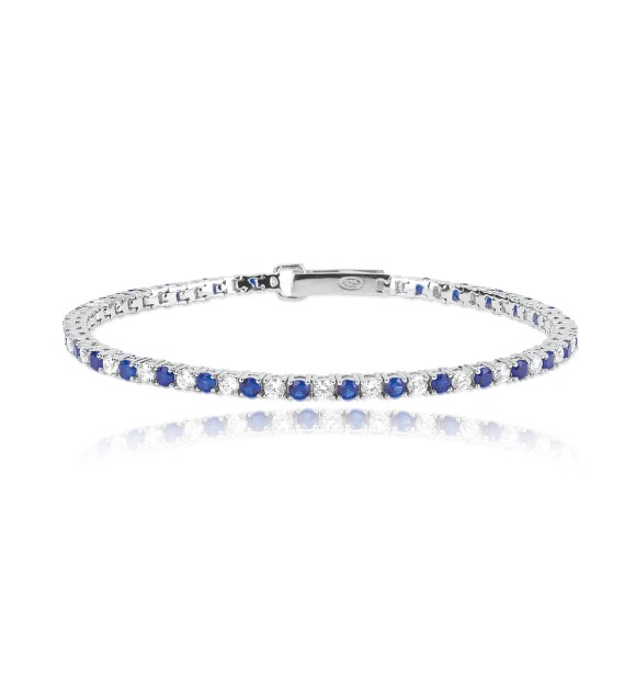 Pulsera Tennis de plata 925 rodiada con zafiros sintéticos 2,
5 mm y circonitas 2,5 mm, longitud 17 cm