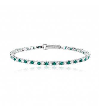 Pulsera tenis de plata 925 rodiada con esmeraldas sintéticas 2,
5 mm y circonitas 2,5 mm, longitud 17 cm