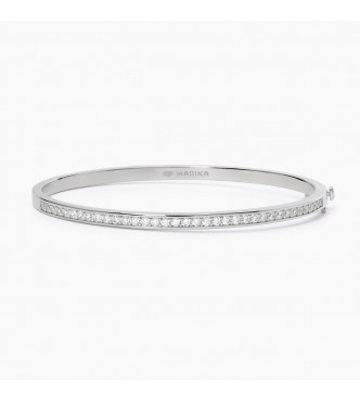 Pulsera de plata 925, brazalete rígido bañado en rodio,
 talla L, medida interna 60x52 mm con circonitas blancas 2,00 mm.