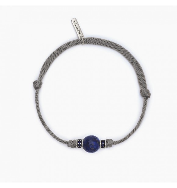 Pulsera de plata 925 rodiada con cordón gris, piedra de lapislázuli 11-12 mm e inserciones con circonitas azules 1,
2 mm, longitud ajustable de 18 a 21 cm