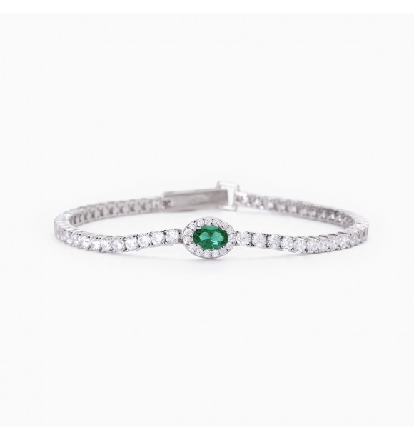 Pulsera de plata 925 rodiada con esmeralda sintética ovalada de 6x4 mm y circonitas 1,
25 mm y tenis de circonitas blancas 2,5 mm, longitud 18 cm, talla M