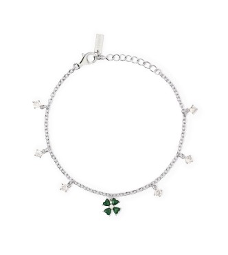 Pulsera de plata 925 rodiada con cadena forzatina de 2 mm,
 colgantes de trébol de cuatro hojas de 7,5x7,5 mm con esmeraldas sintéticas talla corazón de 3x3 mm y circonitas de 3 y 1,75 mm, longitud regulable de 16 a 19 cm
