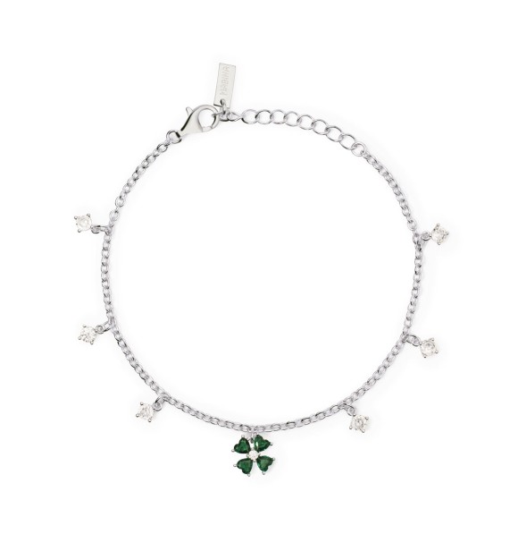 Pulsera de plata 925 rodiada con cadena forzatina de 2 mm,
 colgantes de trébol de cuatro hojas de 7,5x7,5 mm con esmeraldas sintéticas talla corazón de 3x3 mm y circonitas de 3 y 1,75 mm, longitud regulable de 16 a 19 cm