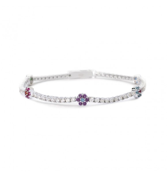 Pulsera Tennis de plata 925 rodiada con elementos florales de 5,
5x5,5 mm con circonitas multicolores de 1,75 mm y circonitas blancas de 2 mm, longitud 18 cm