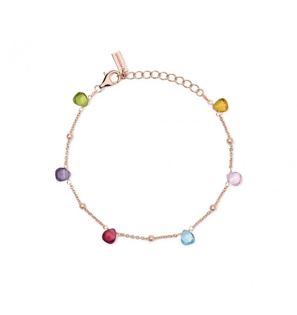 Pulsera de plata 925 chapada en oro rosa de 18 quilates con cadena forzada de 2 mm y elementos de cristal multicolor drop-cut de 5x5,
5 mm, longitud ajustable de 16 a 19 cm