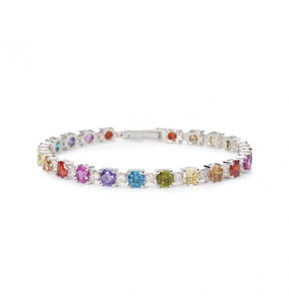 Pulsera Tennis de plata 925 rodiada con turmalina rosa sintética y aguamarina,
 circonitas multicolores 5 y circonitas blancas 2,5 mm, longitud 18 cm