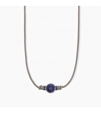 Collar de plata 925 rodiada con cordón gris, piedra lapislázuli 11-12 mm e inserciones con circonitas azules 1,
2 mm, tamaño ajustable de 38 a 54 cm