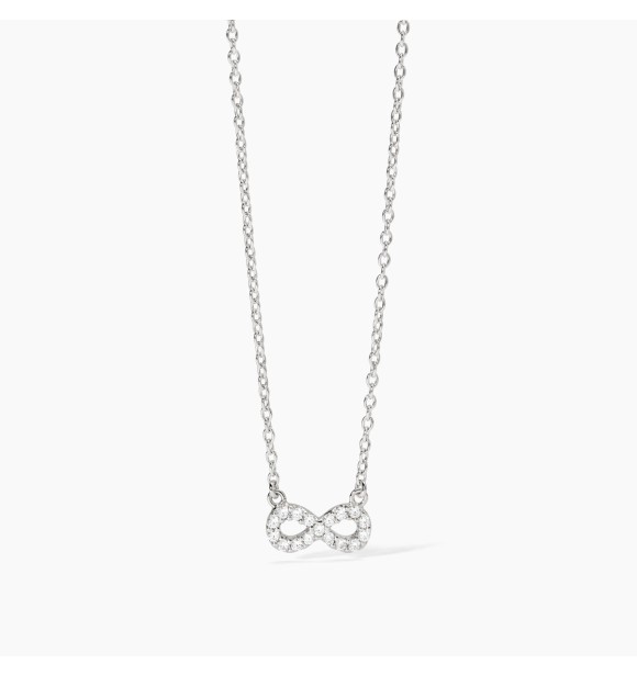 Gargantilla de plata 925 rodiada con cadena forzatina de 1,
5 mm, colgante infinito de 10,5x5 mm y circonitas blancas 1,25 mm, largo regulable de 40 a 45 cm