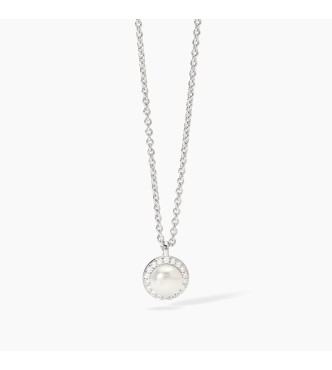 Gargantilla de plata 925 rodiada con cadena forzatina de 1,
5 mm, perla cultivada botón 6,5-7 mm y circonitas blancas 1,25 mm, largo regulable de 40 a 45 cm