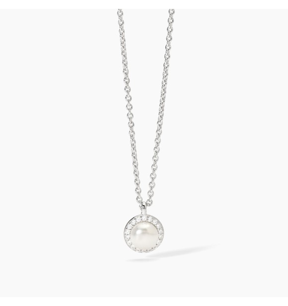 Gargantilla de plata 925 rodiada con cadena forzatina de 1,
5 mm, perla cultivada botón 6,5-7 mm y circonitas blancas 1,25 mm, largo regulable de 40 a 45 cm