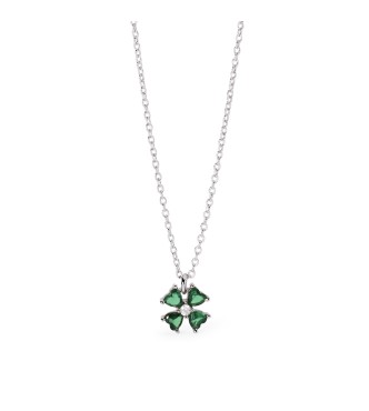 Gargantilla de plata 925 rodiada con cadena forzatina de 1 mm y colgante de trébol de cuatro hojas de 7,
5x7,5 mm con esmeraldas sintéticas talla corazón de 3x3 mm y circonita de 1,75 mm, largo regulable de 39 a 43 cm