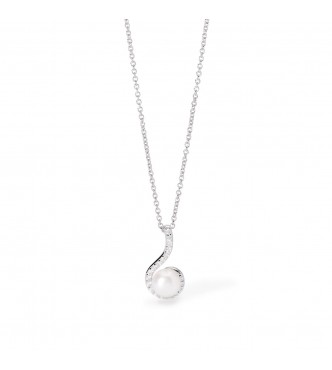 Gargantilla de plata 925 rodiada con cadena forzada de 1 mm,
 colgante de 8x17 mm con perla cultivada botón 6-6,5 mm y circonitas 1,25 mm, largo regulable de 40 a 45 cm