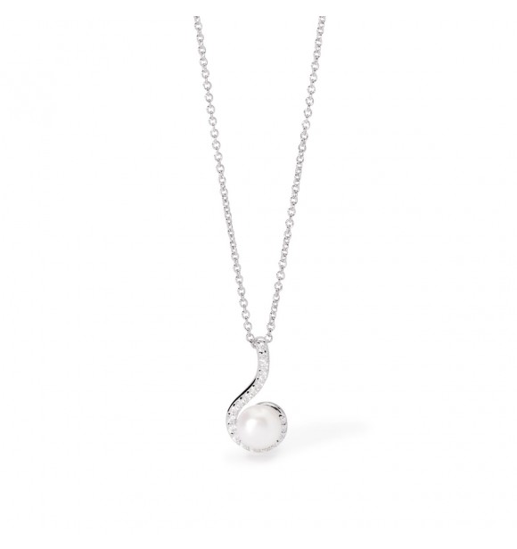 Gargantilla de plata 925 rodiada con cadena forzada de 1 mm,
 colgante de 8x17 mm con perla cultivada botón 6-6,5 mm y circonitas 1,25 mm, largo regulable de 40 a 45 cm