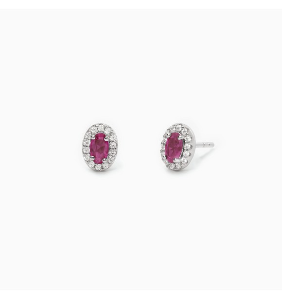 Pendientes de plata 925 rodiada con rubíes sintéticos talla ovalada 5x3 mm y circonitas blancas 1,
00 mm