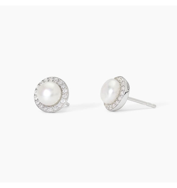 Pendientes de plata 925 rodiada con perlas cultivadas tipo botón 6,
5-7 mm y circonitas blancas 1,25 mm