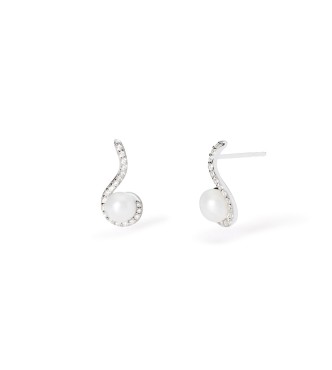 Pendientes de plata 925 rodiada de 8x17 mm con perla cultivada de botón 6-6,
5 mm y circonitas 1,25 mm, longitud total del pendiente 1,7 cm