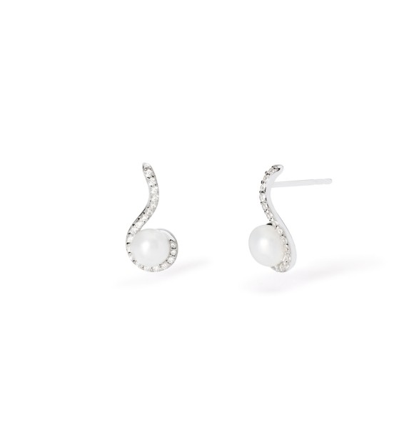 Pendientes de plata 925 rodiada de 8x17 mm con perla cultivada de botón 6-6,
5 mm y circonitas 1,25 mm, longitud total del pendiente 1,7 cm