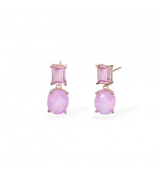 Pendientes de oro rosa de 18 quilates con baño de plata 925,
 con colgante de piedra fusión de cristal rosa talla baguette de 6x8 mm y piedra fusión de cristal rosa talla ovalada y cristal de roca de 9x11 mm, largo total del pendiente 2,1 cm