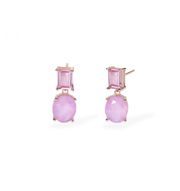 Pendientes de oro rosa de 18 quilates con baño de plata 925,
 con colgante de piedra fusión de cristal rosa talla baguette de 6x8 mm y piedra fusión de cristal rosa talla ovalada y cristal de roca de 9x11 mm, largo total del pendiente 2,1 cm