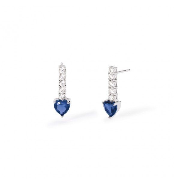 Pendientes tenis de plata 925 rodiada con circonitas 2 mm y zafiro sintético talla corazón 6x6 mm,
 largo total del pendiente 2 cm